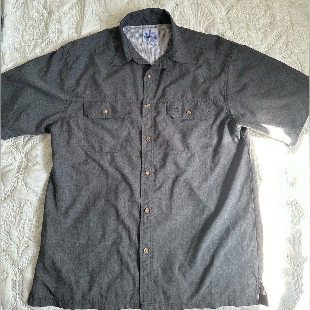 AFTCO Guy Harvey Gray  Mahi Swordfish Short Sleeve ButtonUp Shirt Mens L